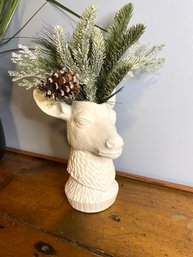 White Deer Head Statue Vase With Greenery