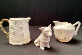 Vintage Belleek Irish Porcelain Lot  Dog Shamrock Milk Jug Pitcher  Harp Creamer