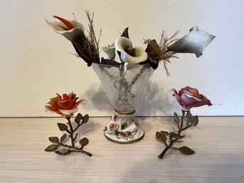 Capodimonte Flowers On Stand, And Porcelain Flowers In A Crystal Vase