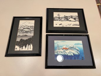 Set Of 3 Japanese Prints In Wood Frame