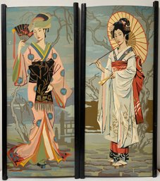 Vintage Mid-Century Pair Panel - Paint By Number - Asian Japanese Geisha Girl Lady Women - 12 Inch X 28 Inch