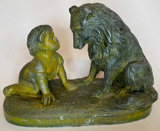 Antique Old Figurine Child & Dog - Cant You Talk - After R J Morris - Spelter Figure - 8 X 3.75 X 5.25 H