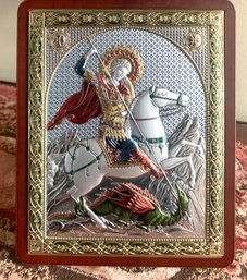 Polychrome Silver & Jeweled Icon Of St George & The Dragon - Made In Italy