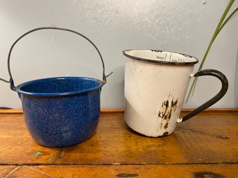 Vintage Enamelware Pot And Measuring Cup