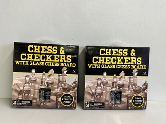 Two Sets Of Chess & Checkers With Glass Chess Board