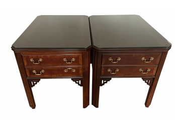 MCM Pair Of Altavista Virginia LANE Mahogany Inlaid Chippendale Style End Tables Beveled Glass Tops