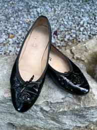 Chanel Size 37 Black 'Patent Leather' Ballet Slipper Style Shoes