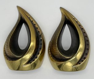 Vintage 1950s Ben Seibel Modern Brass Sculptural Tear Drop Flame Bookends - Note Crack In Picture