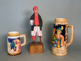 Steins & Wood Carved Pirate Figure