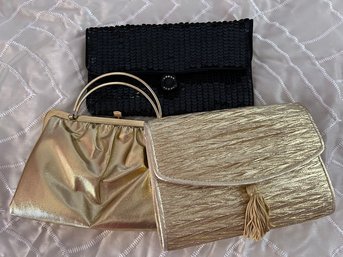 3 Handbags, 2 Gold One Black