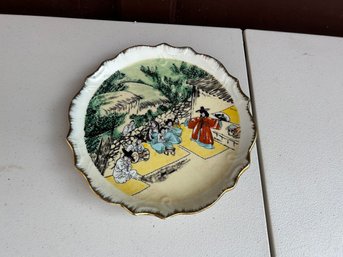 Vintage Plate Chinese Porcelain Scenery Outdoor Decor Plate With Gold Color Rims