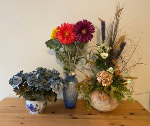 Botanical Trio Of Artificial Flower Bouquets With Vases