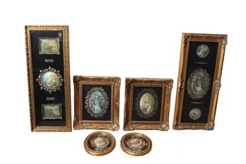 Collection Of 6 Ornate Printed Silk  And Enamel Scenery Art