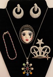 Vintage Lot Jewelry 1980s Pierrot Teardrop Mask Brooch - Rhinestone Earrings Pin - Colorful Necklace Bracelet