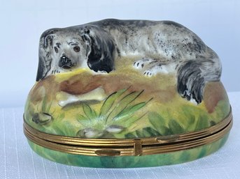 French Limoges Hand Painted Artist Signed 'Carlos'? Porcelain Dog With Bone Trinket/ Pill Box