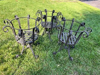 Set Of 3 HEAVY  Wrought Iron Planters, Lattice Design On Base, VERY NICE!