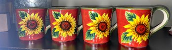 Red Sunflower Coffee Tea Cups (4) 4.5 ''