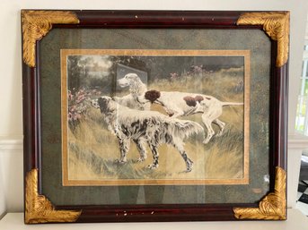 Pointers At Attention / Framed Hand Colored Vintage Print (W2)