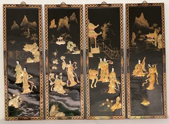 Vintage Asian 4 Panel Lacquer Art, MOP, Geishas Wall Hangings