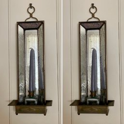 Pair Of Vintage Mirrored Brass Candle Wall Sconces