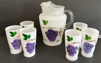 1950's Bartlett Collins Hand Painted Grape & Gold Accent Pitcher &  6 Tumbler Glass Set  #1