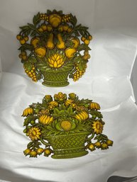 Pair Of Green & Yellow Syroco Flower Baskets Wall Plaques