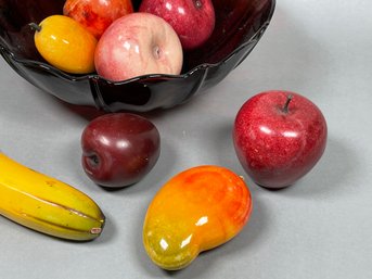 Medley Of Stone & Resin Fruit In Ruby Red Bowl