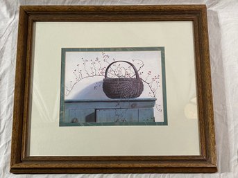 A Country Still Life Basket On Cupboard 26.5x23 Wood Frame