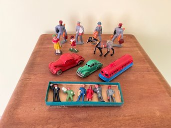 Lot Of Antique Toys Including Empire Rubber Car, Horse, Lead Figures