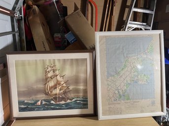 Map Of Long Island And Schooner Ship Framed Print By Artist J.O'H Cosgrave II