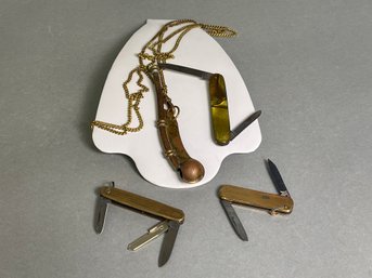 A 1940s Copper & Brass Naval Boatswain Whistle & Pocket Knives Including Hammer Brand