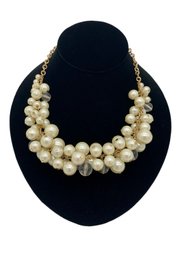 Gold Tone Faux Pearl And Acrylic Bead Cluster Necklace