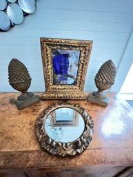 Two  Mirrors And Plaster Pineapple Bookends
