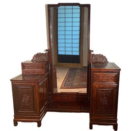 Ornately Carved Asian Rosewood Vanity Table With 3/4 Length Mirror