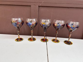 Set Of 5 Hand Blown And Hand Painted Wine Balloon Wine Glass / Goblet Beautiful Colors, Red Blue