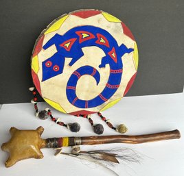 Southwestern Native American Hand Drum 13'  & Decorated Rattle19' Length