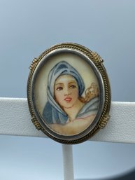 19th Century 800 Silver Painted Porcelain Woman Miniature Brooch/ Pin