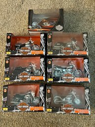 6 Harley Davidson Diecast Motorcycles, With 1 Hot Wheels, In Original Boxes