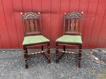 Pair Vintage Carved Wood Chairs With Green Fabric