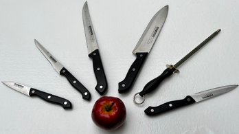 KNIFE SET WITH SHARPENER: Stainless Steel Cutlery, Black Plastic Handles, Made In China, New Condition, Lot