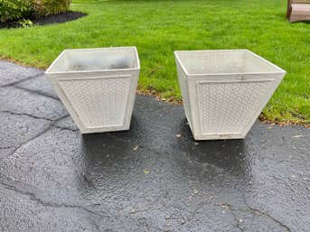 Pair Of White Square Chevron Embossed Plastic Outdoor Planters