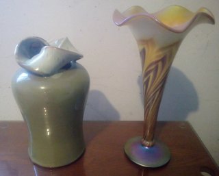 Celadon Vase And Signed Art Glass 'jack And The Pulpit'
