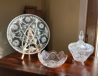 Cut Glass Or Crystal - Platter, Bowl And Bowl With Lid