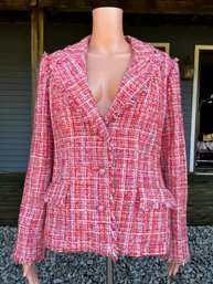 Chanel Pink Cotton Plaid Jacket With Fringe Size 46