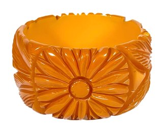 Huge Deeply Carved Wide Butter Scotch Bakelite Plastic Bangle Bracelet With Flowers