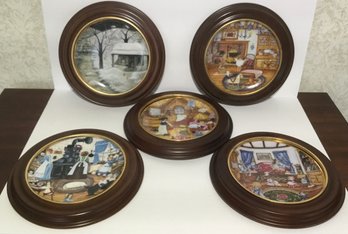5 Franklin Mint Hanging In Wooden Frame Plates, Bell & Andrea