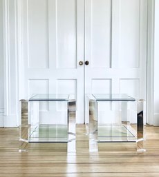 Stunning PAIR Interlude Home Glass & Lucite Surrey Side Tables  (LOC: S2)