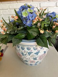 Pastel Floral Painted Ceramic  Planter With Faux Hydrangea And Berries