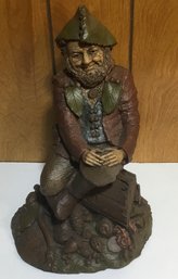 F. Clark Hyke II, Cairn Gnome Statue,  Sitting On Log,  1985 Signed.