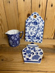 Blue And White Lot With Calico Measuring Cup